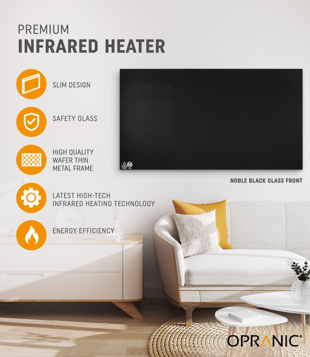 OPRANIC P7 Glass Infrared Panel Heater 450W – 900W in White or Black